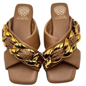 Vince Camuto Womens Slide Sandals 8 Azori Brown Leather Square Toe Gold Chain
